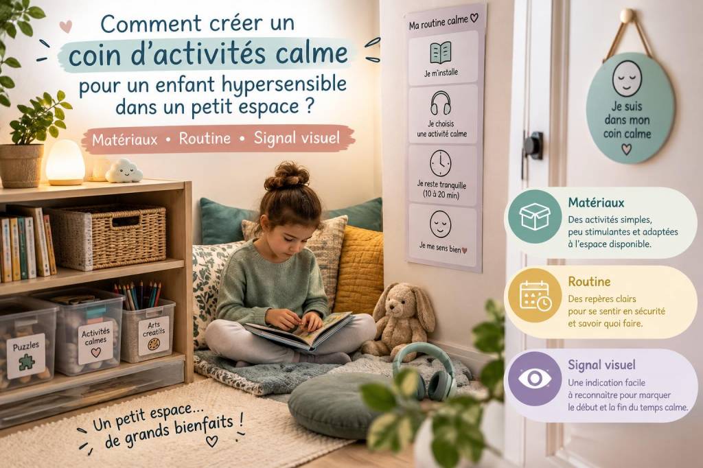 Comment créer un coin d'activités calme pour un enfant hypersensible dans un petit espace : matériaux, routine et signal visuel